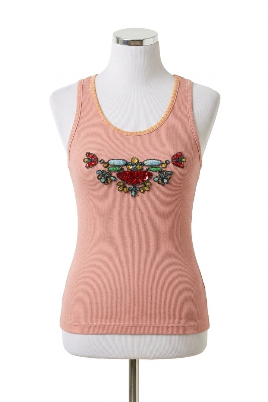 NEW PAPARAZZI sleeveless top with embroidery & beaded works in salmon